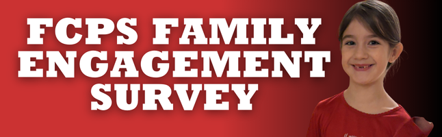 Red and black gradient with girl smiling with 'FCPS family engagment survey' in white writing