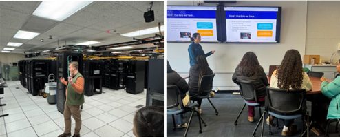 Adult speaking while standing in data lab and adult speaking to seated students