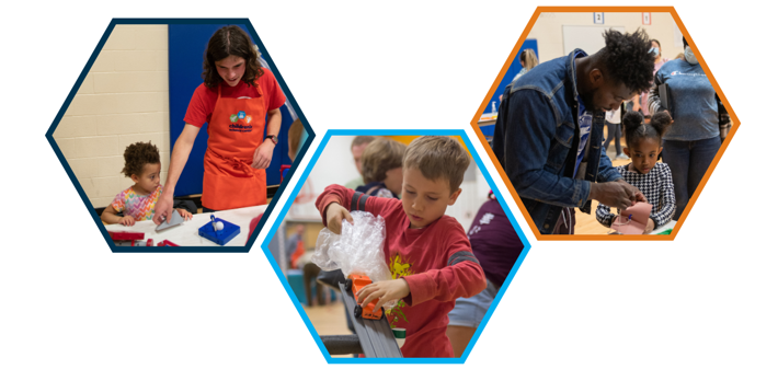 image of 3 hexagons, 2 have an adult helping a child, and one has a child holding a car going down the ramp.