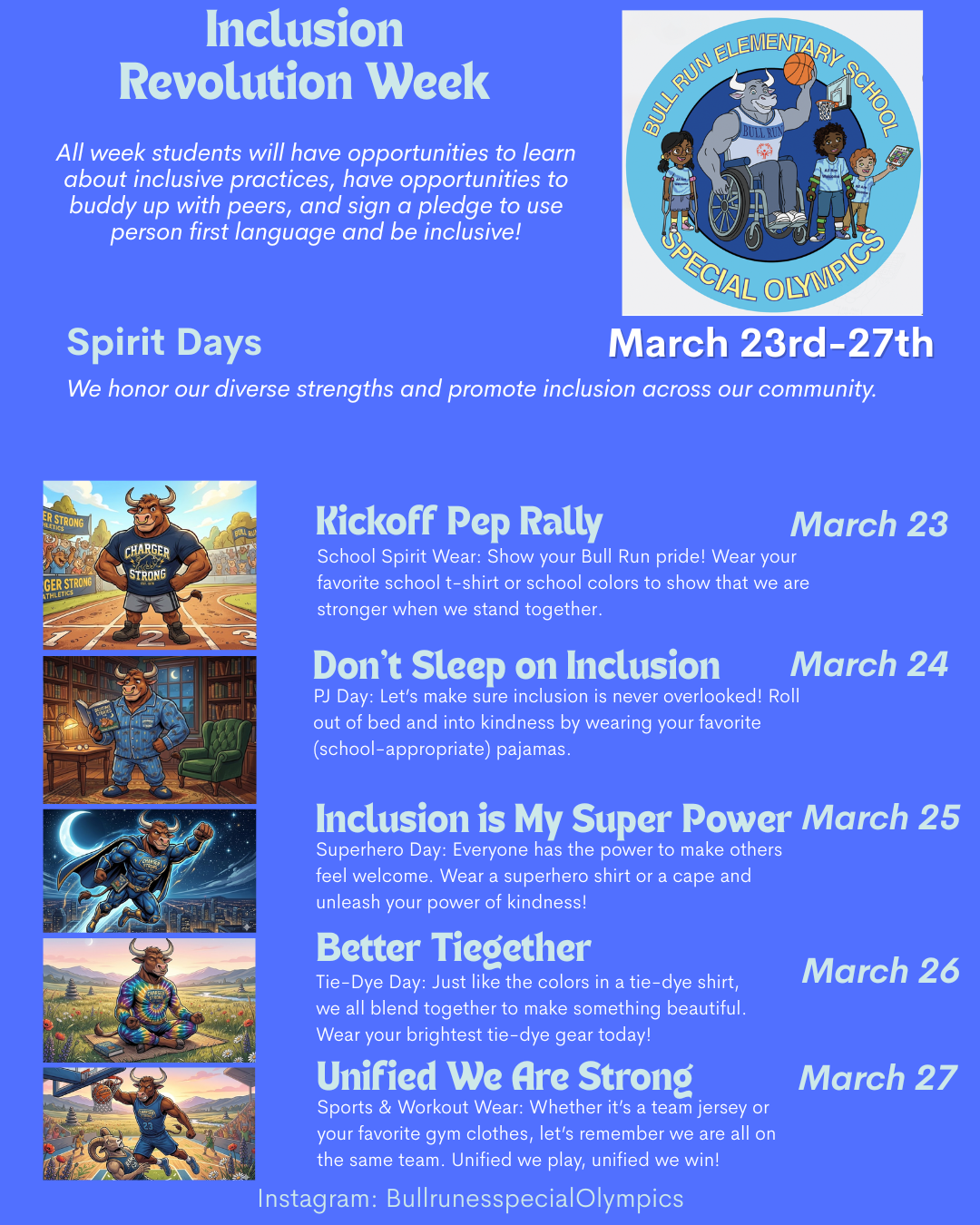 Inclusive Schools Spirit Week flyer with dress up days and pictures of cartoon bulls