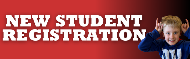 Red and black gradient with 'New student registration' in white writing