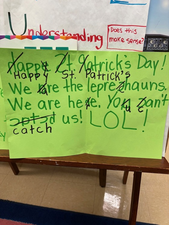 Note left in Mrs. Bolton's room by the leprechaun