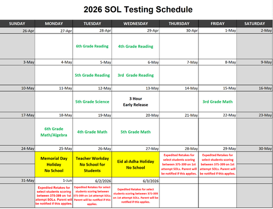 SOL Testing Schedule for 3rd-6th grades