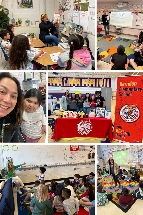 Collage of 6 photos.  Five of them are of elementary students and teachers, 1 is of staff at a job fair.