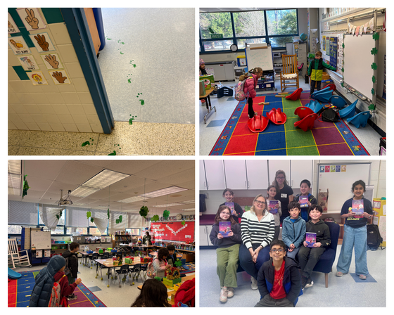 leprechaun decoration and student gathering for book club