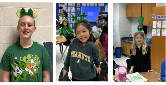 students wearing leprechaun hats and St. Patrick's Day shirts