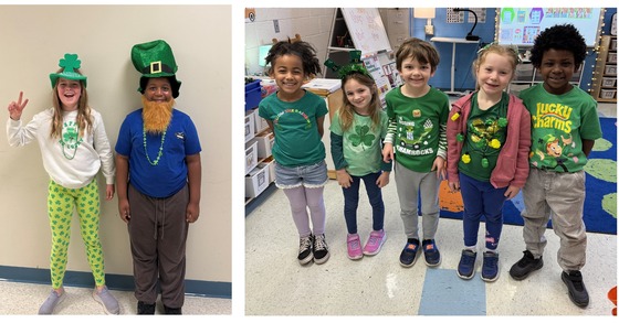 students dressed as leprechauns and wearing St. Patrick's day clothing