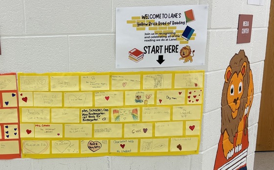 post-it notes with names of books and their reader on our "Yellow Brick Road" of reading