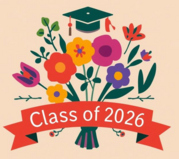 Bouquet of flowers with a banner that says Class of 2026