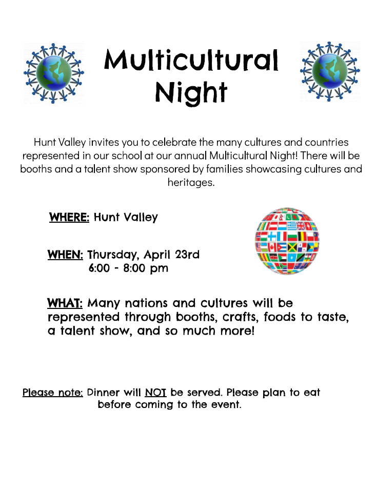 Multicultural Night on April 23rd at 6:00PM