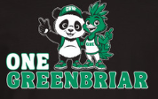 Cartoon of a panda and a green roadrunner standing together under the text "ONE GREENBRIAR." Both wear GBE branded gear.