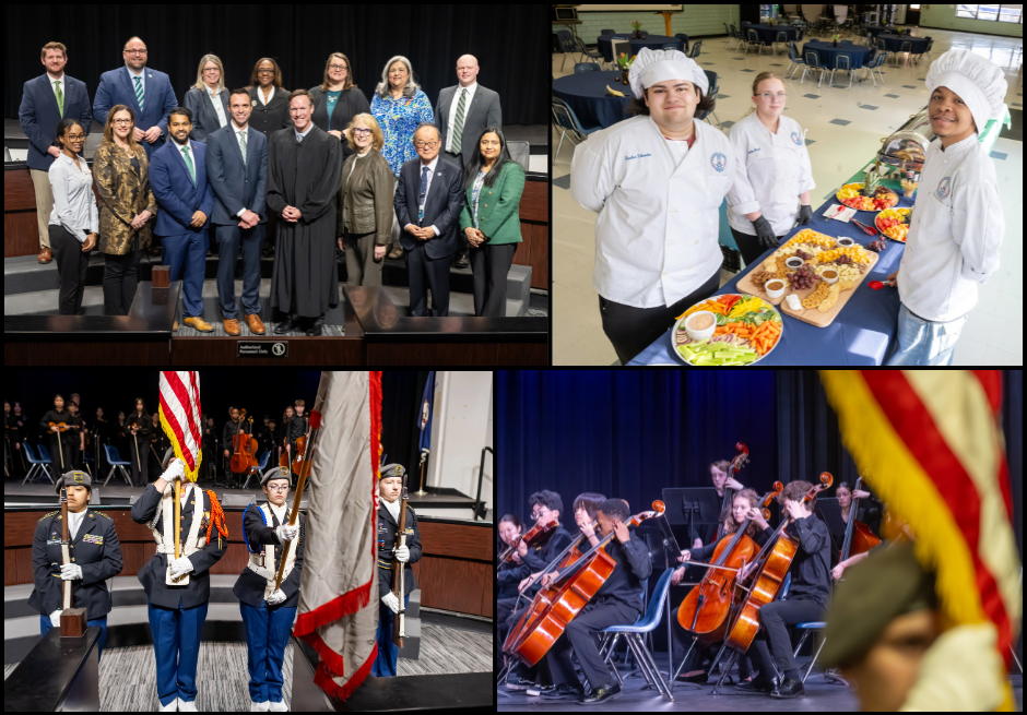 A collage of pictures that shows new School Board Member Tom Dannan, a student color guard, orchestra, and chefs