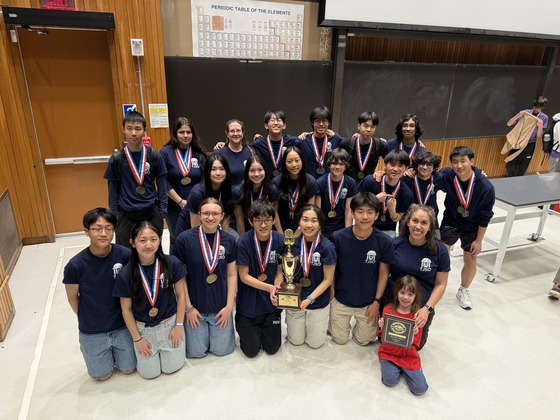 Entire team poses with Virginia Science Olympiad state championship trophy