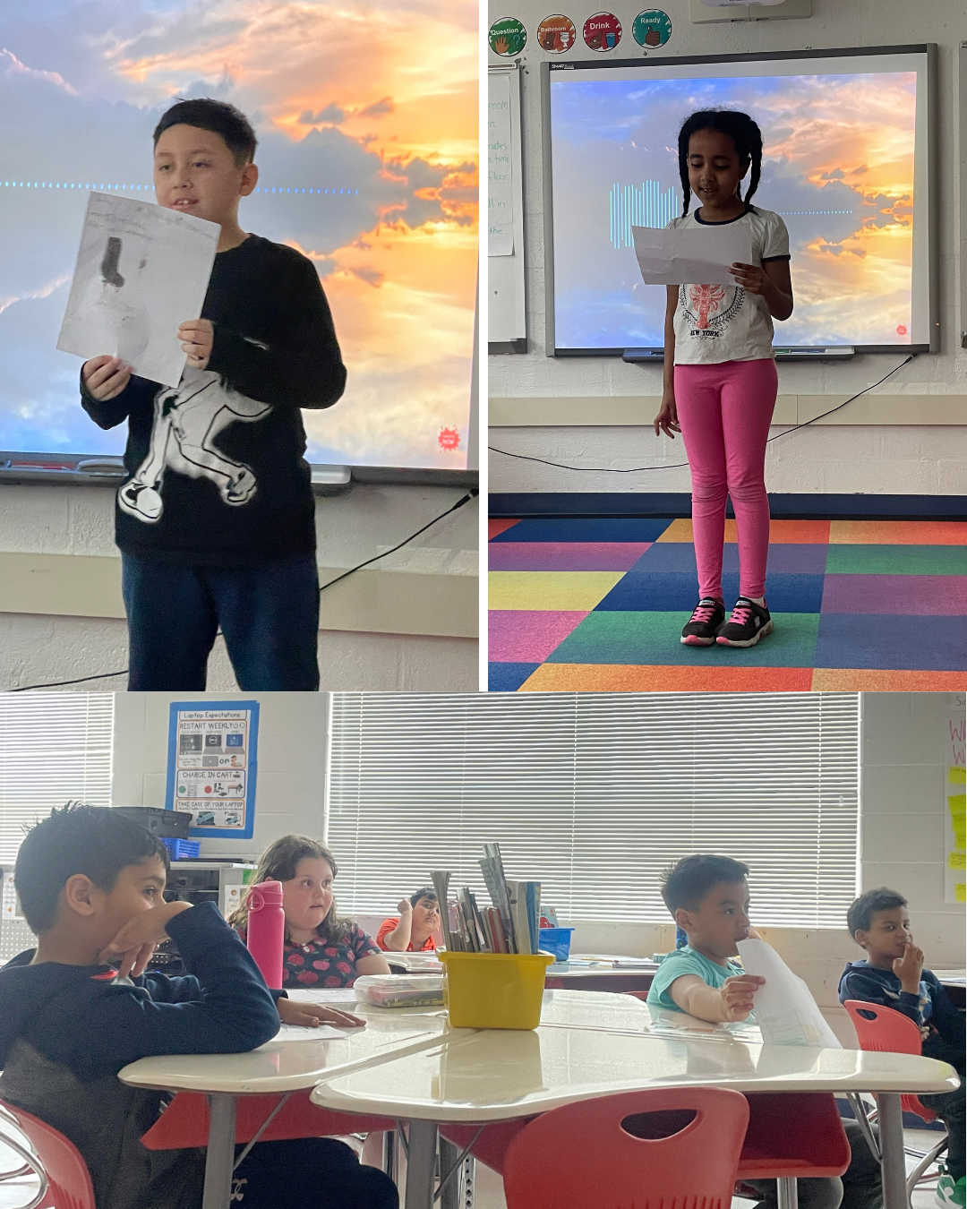 Grade 2 students presenting their work while their classmates listen. 
