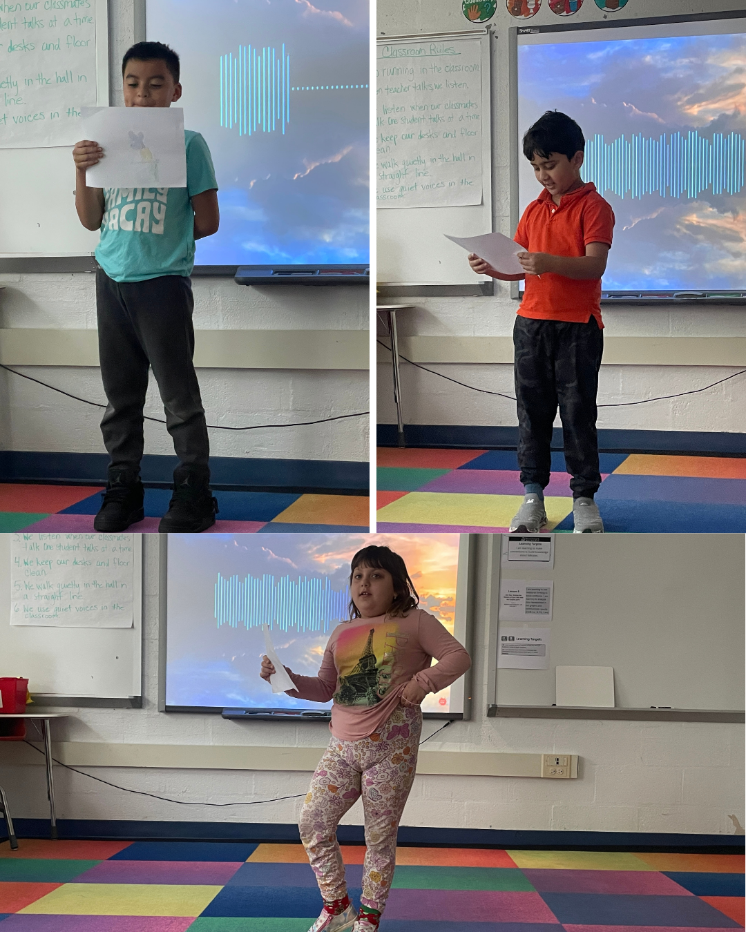 Grade 2 students presenting their work while their classmates listen. 