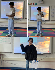 Grade 2 students presenting their work while their classmates listen.