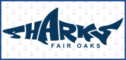 Sharky's Fair Oaks logo featuring stylized blue shark lettering over a black anchor-patterned background with a blue border.
