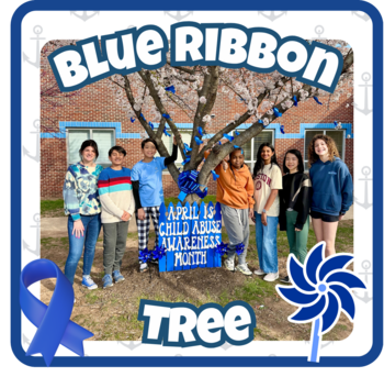Group by a Blue Ribbon Tree for Child Abuse Awareness Month with added ribbon and pinwheel graphics.