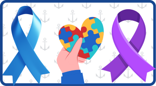 Blue awareness ribbon, a hand holding a puzzle-piece heart, and a purple ribbon on an anchor-patterned background.
