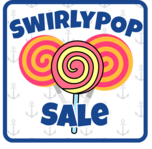 Swirlypop Sale graphic featuring three pink and yellow lollipops on an anchor-patterned background.