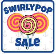 Swirlypop Sale graphic featuring three pink and yellow lollipops on an anchor-patterned background.