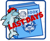 Navy Elementary School yearbook banner featuring a shark mascot and red "LAST DAYS" text over a blue book.