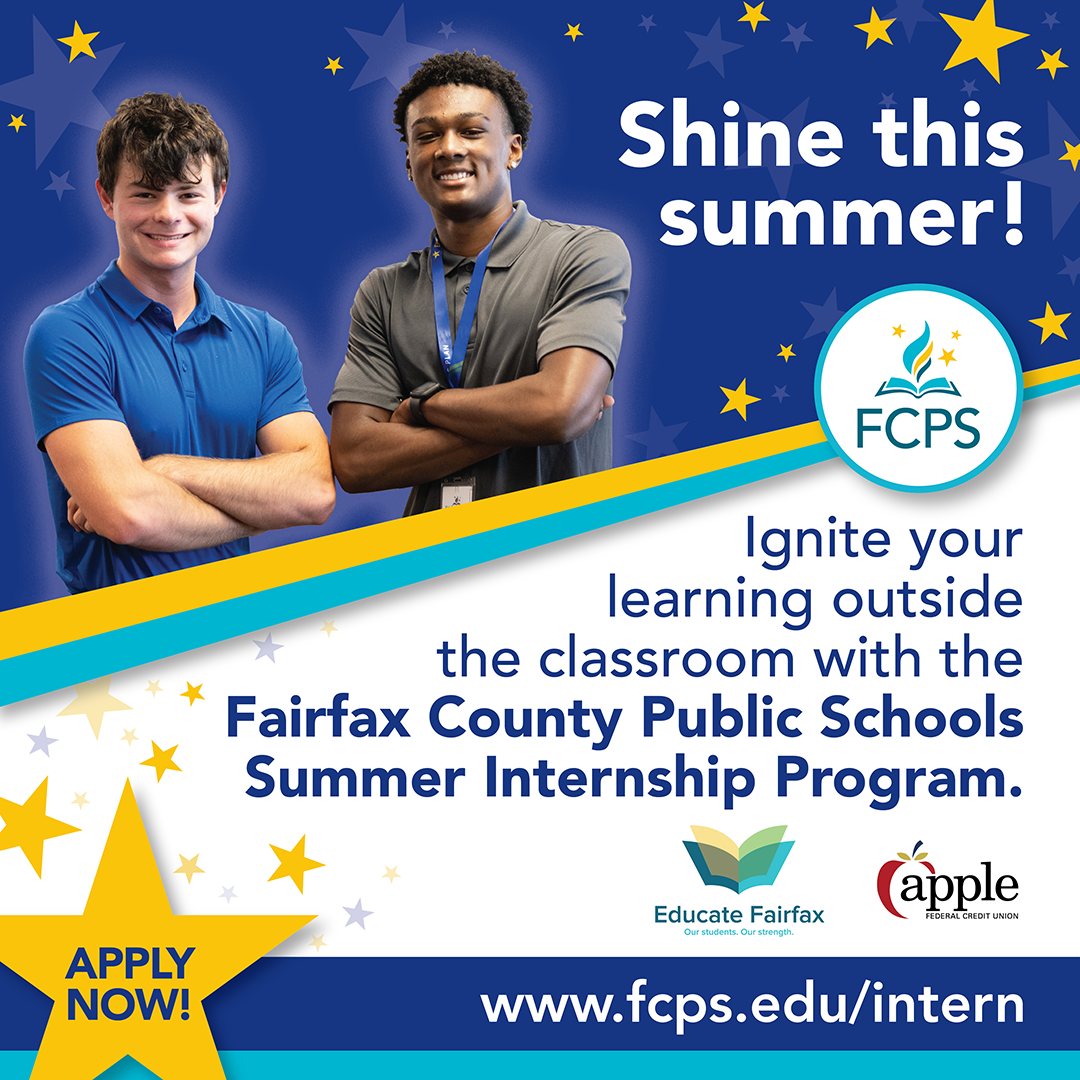 Promotional graphic for the FCPS student internship program, with two smiling students standing with arms crossed.