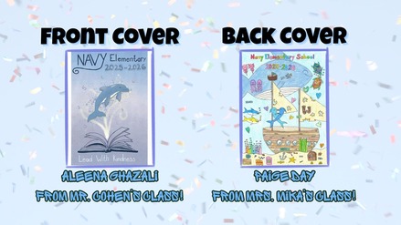 image of the two yearbook cover winning designs featuring a dolphin and kindness message