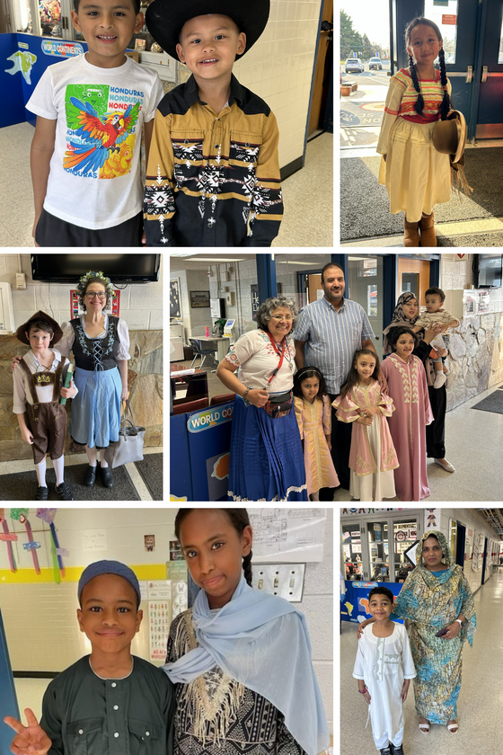 Collage of 6 photos of students and parents dressed in cultural attire for Heritage Night
