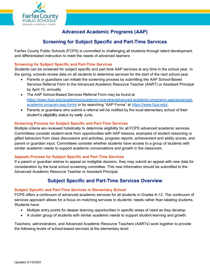 Advanced Academics Programs (AAP) screening