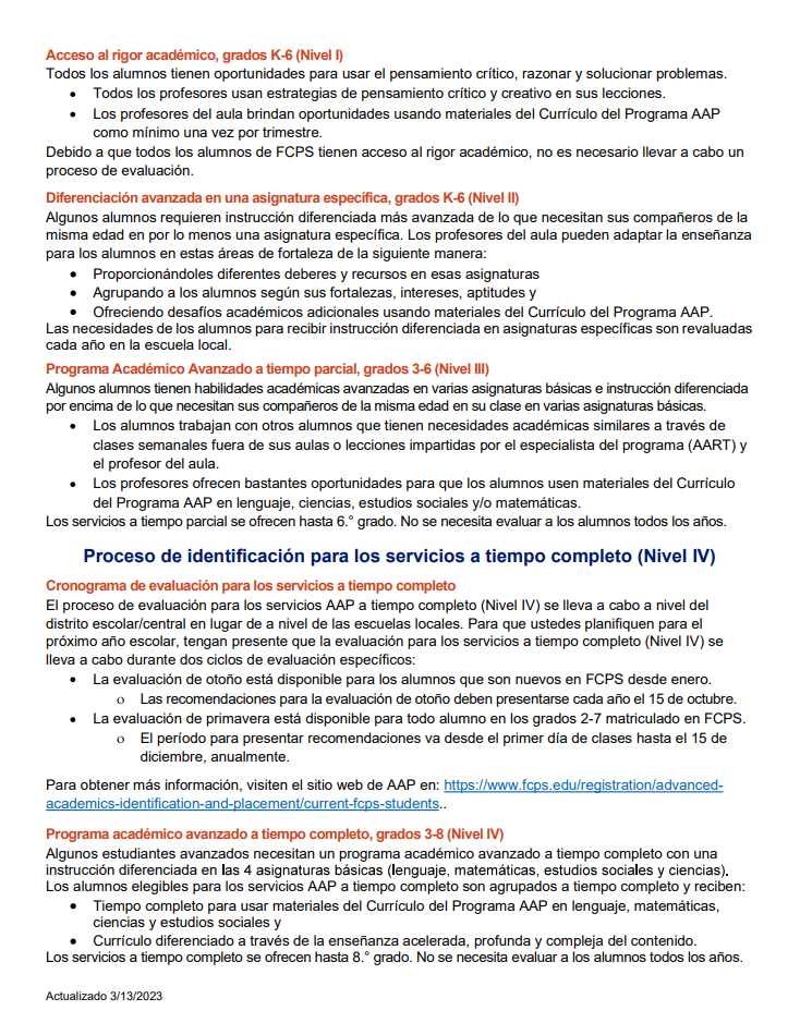 Advanced Academics Programs (AAP) screening Page 2 (Spanish)
