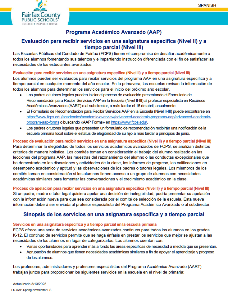 Advanced Academics Programs (AAP) screening (Spanish)