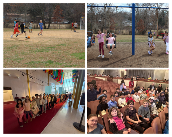 students playing soccer and on the swings, students at symphony concert