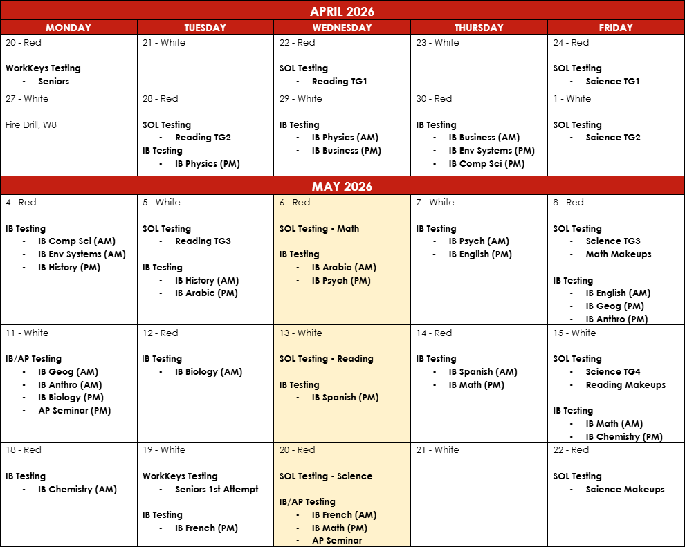 SOL Testing days April 6, 13, & 20