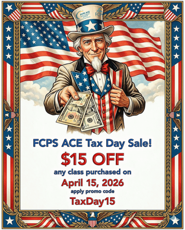 FCPS Ace Tax Day Sale! Image of Uncle Sam handing you $15. 