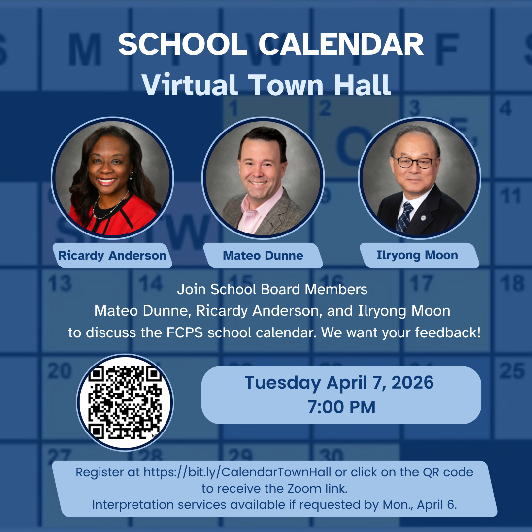 Flyer for town hall on school calendar with school board members