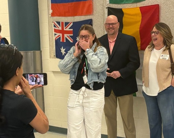 Miss Shipley surprised at receiving the Outstanding New Teacher Award for Region 6