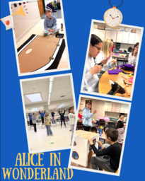 Photo of students working on art projects and rehearsing for a play