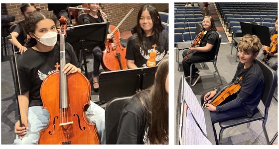 Student cellists from Lane on the stage at Hayfield Pyramid Area Concert