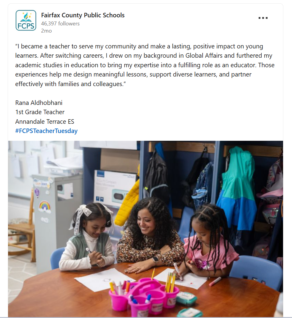 We are proud to share that Ms. Aldhobhani, one of our incredible 1st grade teachers, was recently featured in FCPS Tuesday Spotlight.