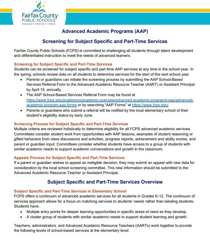 Advanced Academic Programs (AAP) Screening for Subject Specific and Part-Time Services