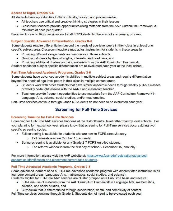 Advanced Academic Programs (AAP) Screening for Subject Specific and Part-Time Services