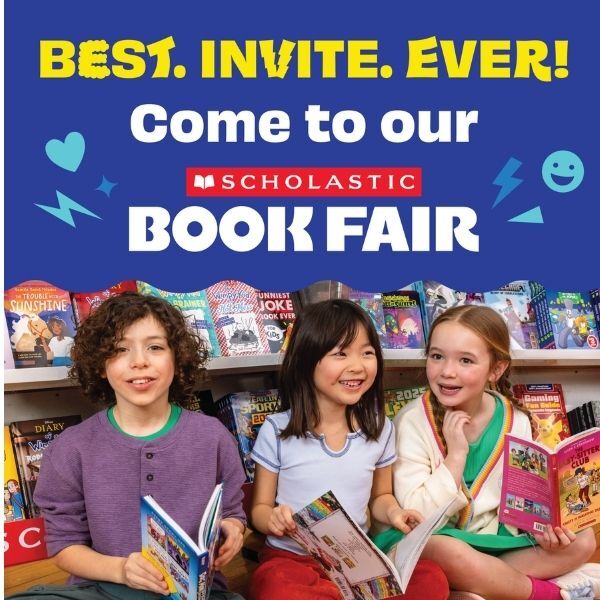 Image of three students with books, sitting under a sign about the upcoming book fair.