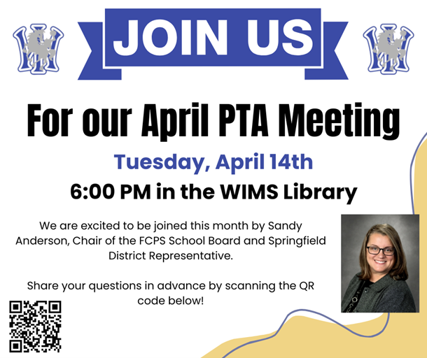 April PTA Meeting on April 14th at 6:00pm in the WIMS Library
