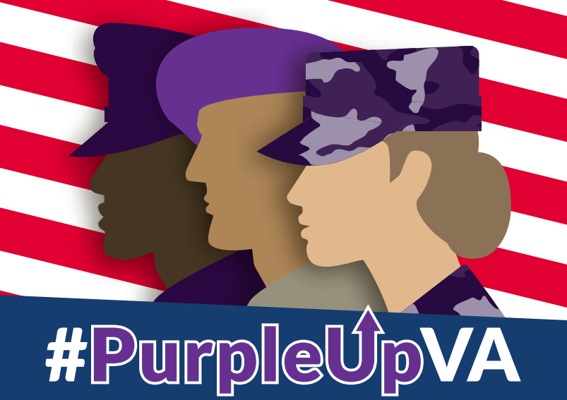 Diverse military silhouettes in purple headgear over an American flag with the hashtag #PurpleUpVA.