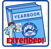 Navy Elementary School yearbook sales extended announcement featuring dolphin mascot and school logo on blue book cover.