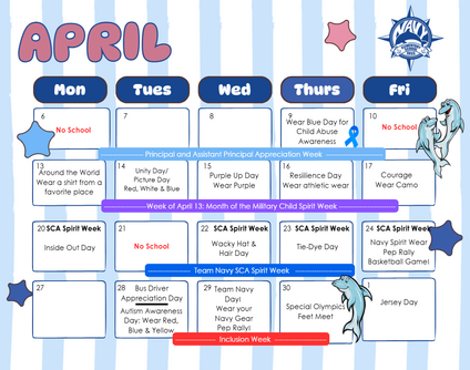 April Calendar labeled with spirt days