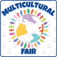 Multicultural Fair graphic featuring colorful figures holding hands around a globe.