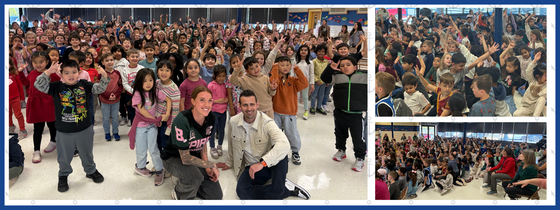collage of students n cafeteria cheering on assembly