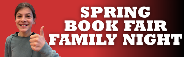  Girl with thumbs up with red and black gradient background with white text ‘Spring Book Fair Family Night’